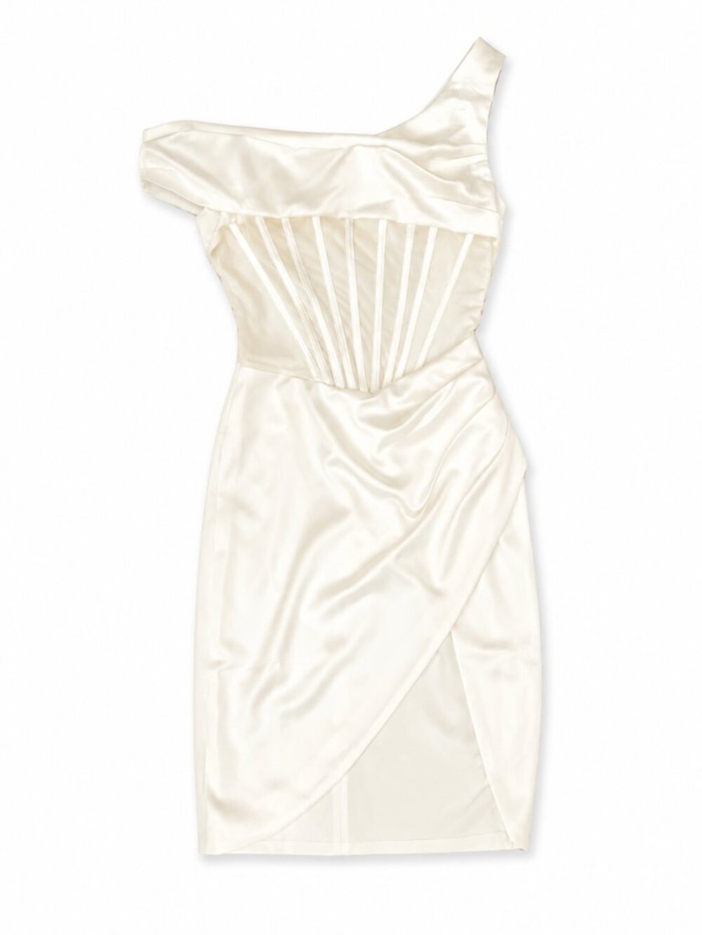 NWOT Ivory Asymmetric Draped Corset Midi Dress